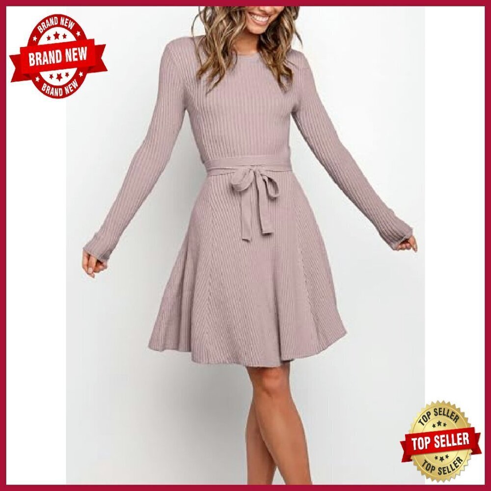 Long Sleeve Midi Dress Ribbed Knit Tie Waist Bodycon Fall Casual - Picture 4 of 8